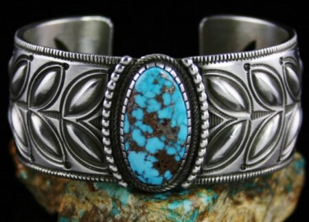Calvin Martinez Rare High Grade Candelaria Spiderweb Turquoise Reposse Ingot Bracelet