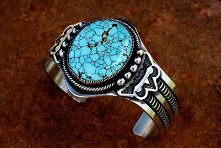 Sammie Kescoli Begay Rare High Grade Number Eight Spiderweb Turquoise Hammered Ingot Bracelet