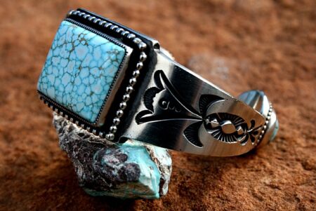 Sammie Kescoli Begay Rare High Grade Number Eight Spiderweb Turquoise Hammered Ingot Bracelet