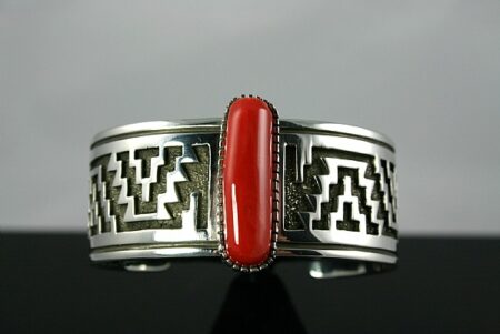 Tommy Jackson Rare Gem Grade Mediterranean Coral Navajo Rug Pattern Design Bracelet