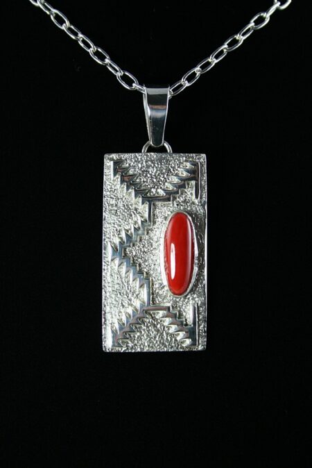 Tommy Jackson Rare Gem Grade Mediterranean Coral Navajo Rug Pattern Design Pendant