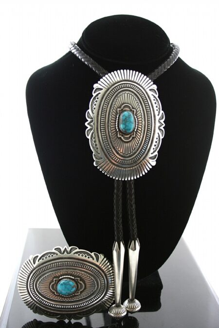 Sammie Kescoli Begay Rare Gem Grade Candelaria Spiderweb Turquoise Ingot Bolo Tie and Buckle Set