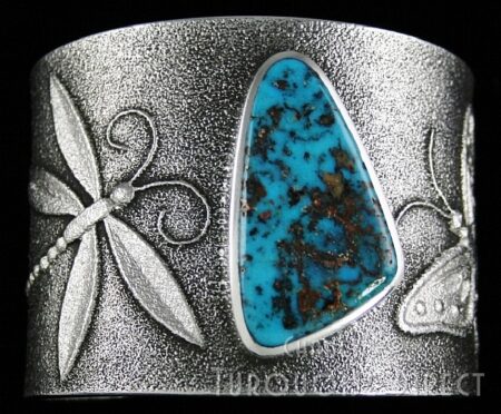 Darryl Dean Begay Candelaria Turquoise Dragonfly and Butterfly Design Tufa Cast Sterling Silver Bracelet
