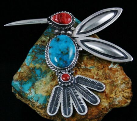 Herman Smith Kingman Turquoise and Spiny Oyster Hummingbird Pin