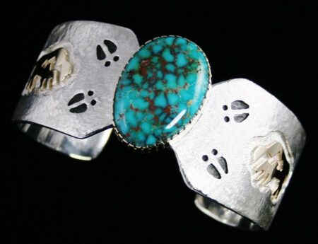 Dina Huntinghorse Royston Spiderweb Turquoise Solid 14K Gold Over Sterling Silver Buffalo Bracelet