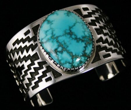Tommy Jackson Candelaria Blue Spiderweb Turquoise Navajo Rug Pattern Design Overlay Bracelet