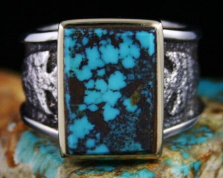 Darryl Dean Begay Pilot Mountain Turquoise Solid 18K Gold Over Tufa Cast Sterling Silver Ring