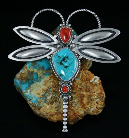 Herman Smith Kingman Turquoise and Spiny Oyster Dragonfly Pin/Pendant