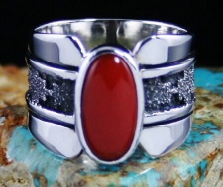 Alfred Joe Mediterranean Coral Navajo Rug Pattern Design Ring