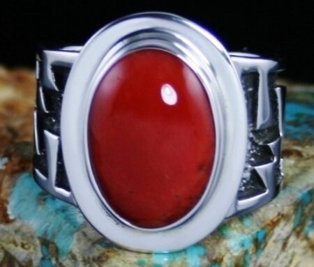 Tommy Jackson Mediterranean Oxblood Coral Navajo Rug Pattern Design Ring
