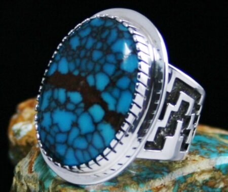 Tommy Jackson Candelaria Spiderweb Turquoise Navajo Rug Pattern Design Ring