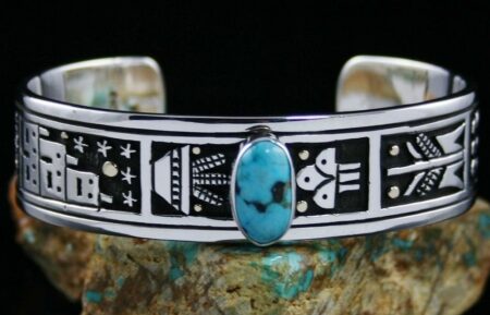 Joseph Coriz Candelaria Turquoise Pueblo Scene Overlay Bracelet