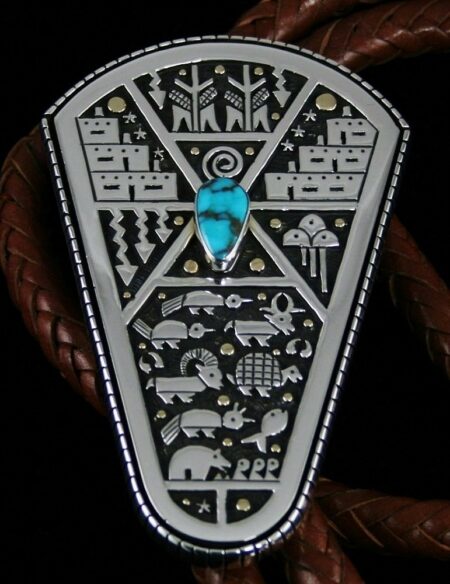 Joseph Coriz Candelaria Turquoise Gathering of Clans Overlay Bolo Tie