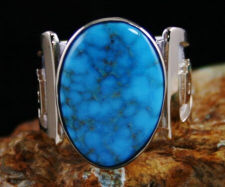Dina Huntinghorse Blue Gem Spiderweb Turquoise Solid 14k Gold Over Sterling Silver Ring
