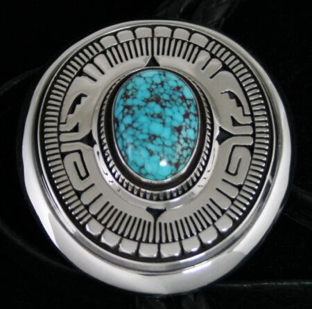 Leonard Nez Red Web Kingman Turquoise Overlay Bolo Tie