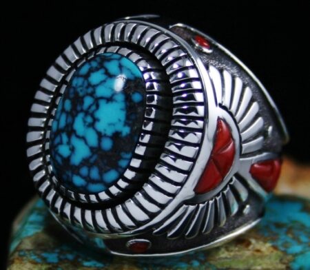 Michael Perry Indian Mountain Spiderweb Turquoise and Oxblood Coral Ring