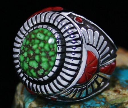 Michael Perry Carico Lake Spiderweb Turquoise and Oxblood Coral Ring