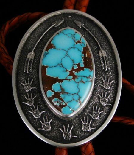 Darryl Dean Begay Brannon Spiderweb Turquoise Petroglyph Design Bolo Tie