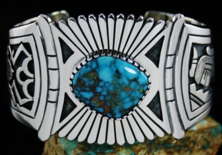 Roy Talahaftewa Candelaria Spiderweb Turquoise Corn Maiden Overlay Bracelet