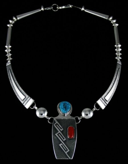 Jack Tom Kingman Spiderweb Turquoise and Mediterranean Coral Necklace