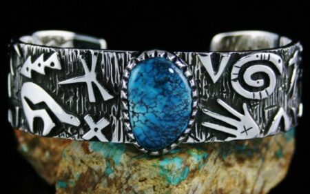 Kee Yazzie Candelaria Spiderweb Turquoise Anasazi Petroglyph Design Bracelet