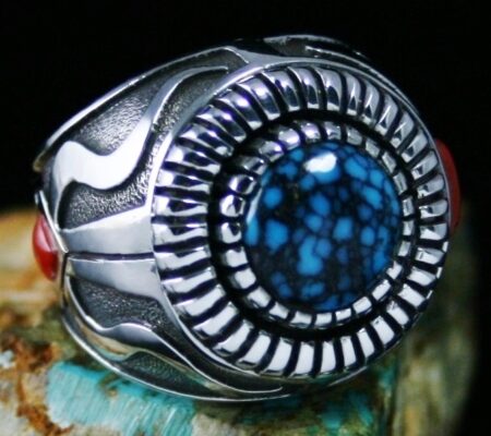 Michael Perry Indian Mountain Spiderweb Turquoise and Oxblood Coral Ring