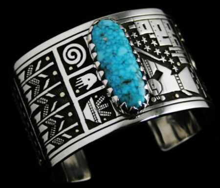Joseph Coriz Turquoise Mountain Spiderweb Pueblo Prosperity Overlay Bracelet