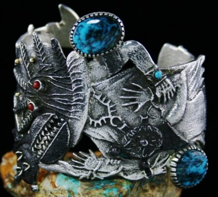 Philander Begay Apache Blue Turquoise and Coral Ogre Bracelet
