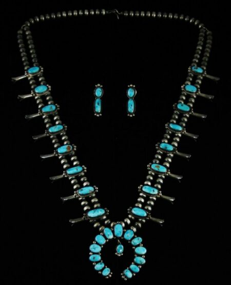 Andy Cadman Morenci Turquoise Squash Blossom Necklace and Dangle Earrings