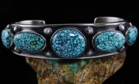 Sammie Kescoli Begay Blue Moon Spiderweb Turquoise Ingot Coin Sterling Silver Row Bracelet
