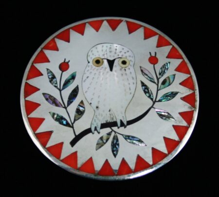 Dennis and Nancy Edaakie Mediterranean Coral Owl Inlay Pin/Pendant