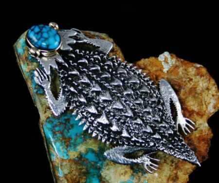 Philander Begay Candelaria Spiderweb Turquoise 14K Over Tufa Cast Sterling Silver Horny Toad Pin/Pendant