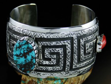 Vernon Begaye Pilot Mountain Spiderweb Turquoise and Mediterranean Coral Bracelet