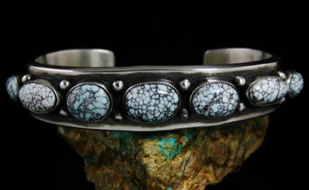 Sammie Kescoli Begay Dry Creek Spiderweb Turquoise Ingot Coin Silver Row Bracelet
