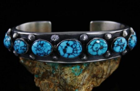 Sammie Kescoli Begay Kingman Spiderweb Turquoise Coin Silver Row Bracelet