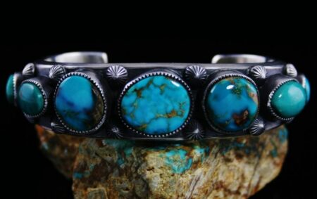 Sammie Kescoli Begay Blue Gem Turquoise Ingot Coin Silver Row Bracelet