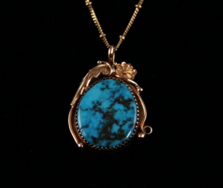 Vintage Morenci Turquoise Solid 14K Gold Pendant and Chain