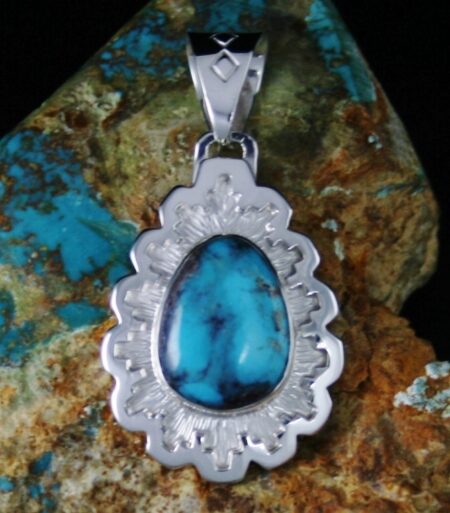 Dina Huntinghorse Bisbee Turquoise Floral Design Overlay Pendant