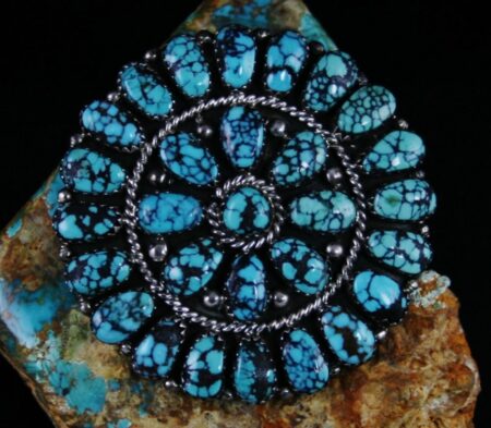Vintage Chinese Spiderweb Turquoise Cluster Pin/Pendant