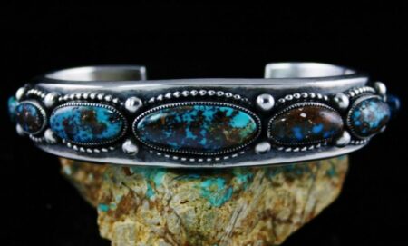 Sammie Kescoli Begay Candelaria Turquoise Ingot Coin Sterling Silver Row Bracelet