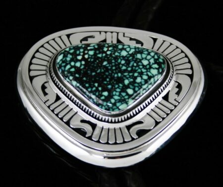 Leonard Nez Peacock Spiderweb Variscite Overlay Bolo Tie