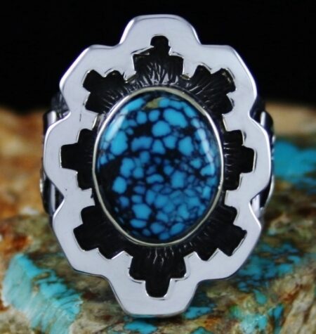 Dina Huntinghorse Red Mountain Spiderweb Turquoise Solid 14K Gold Over Sterling Silver Ring