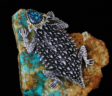 Philander Begay Candelaria Spiderweb Turquoise 18K Gold Over Sterling Silver Horny Toad Pin/Pendant