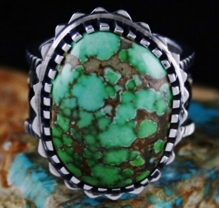 Arland Ben Carico Lake Spiderweb Turquoise Solid 14K Gold Over Sterling Silver Petroglyph Design Ring