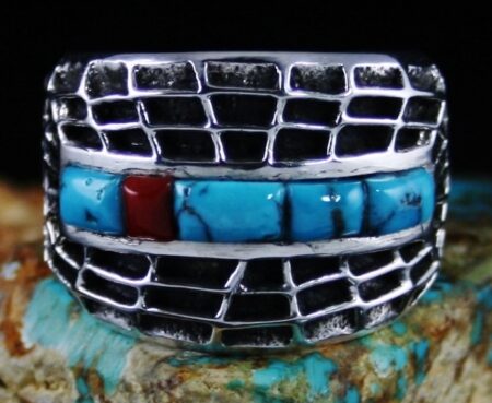 Philander Begay Candelaria Turquoise and Oxblood Coral Spiderweb Ring