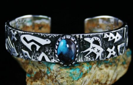 Kee Yazzie Bisbee Turquoise Double Sided Anasazi Petroglyph Design Overlay Bracelet