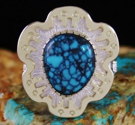 Dina Huntinghorse Red Mountain Spiderweb Turquoise Solid 14K Gold Over Sterling Silver Ring