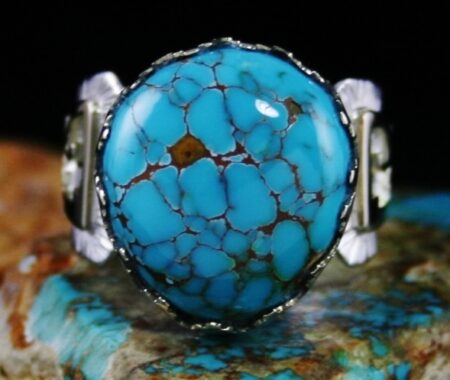 Dina Huntinghorse Brannon Blue Spiderweb Turquoise Solid 14K Gold Over Sterling Silver Ring
