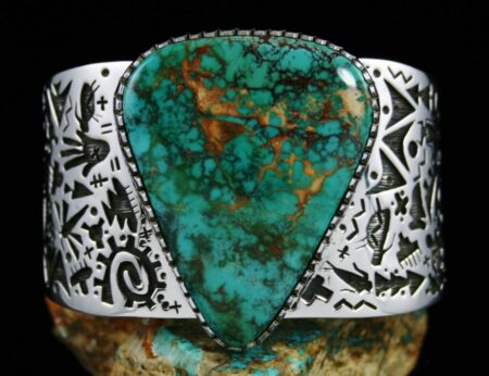 Kee Yazzie Pilot Mountain Spiderweb Turquoise Double Sided Petroglyph Design Bracelet
