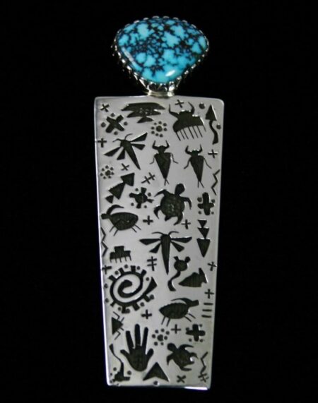 Kee Yazzie Kingman Spiderweb Turquoise Petroglyph Design Pendant